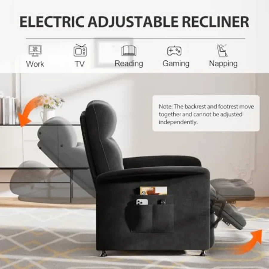 Power Recliner Chair for Adults with Heat and Massage - Soft Fabric Electric Reclining Sofa with Remote Control, 3 Side Pockets