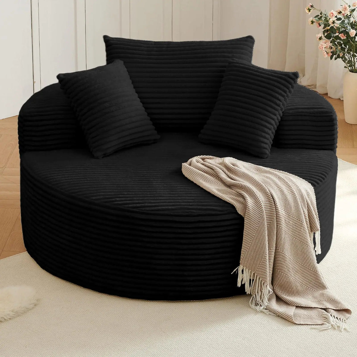 Oversized Round Chair Lounge Chaise Indoor, Upholstered Corduroy Deep Seat Cloud Large Circle Sofa Chair, No Assembly