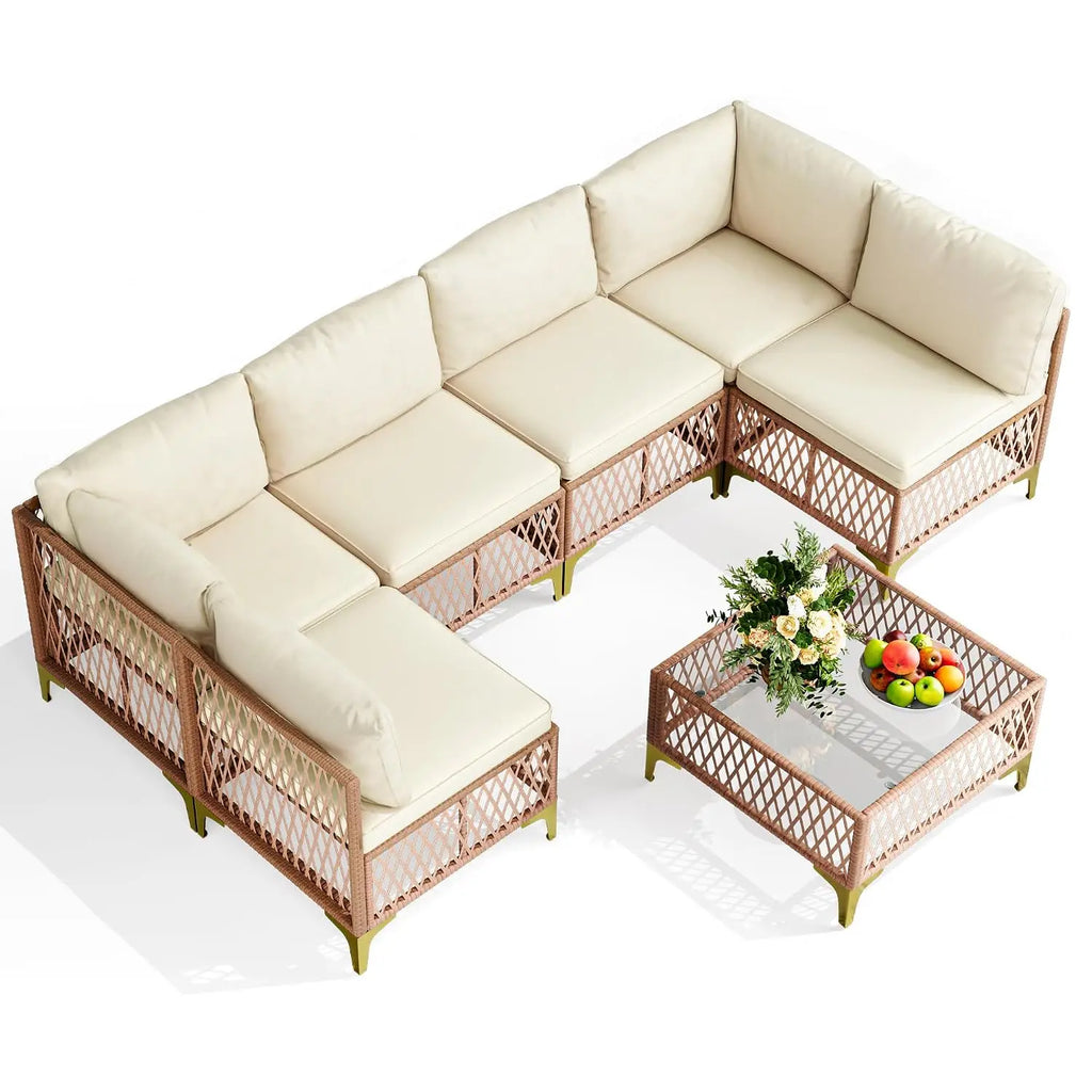 7-Piece Wicker Outdoor Sectional Sofa Patio Set with Washable Cushions & Glass Table, All-Weather for Backyard & Porch, Custom