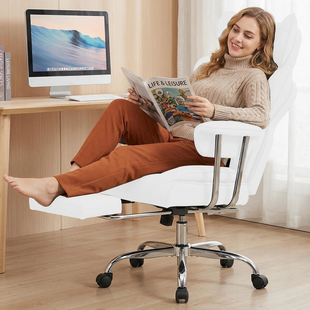 MCQ PU Leather Fix Armrest Ergonomic Office Desk Chair with Footrest Gaming Chair with High Back Reclining and Lumbar Support Height Adjustable with 360° Swivel