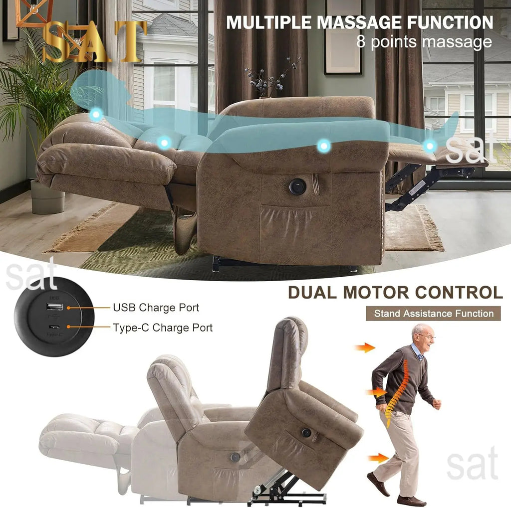 Dual Motor Lay Flat Power Lift Recliner Chair for Elderly, Breathable Leather Large Infinite Position Electric Chairs