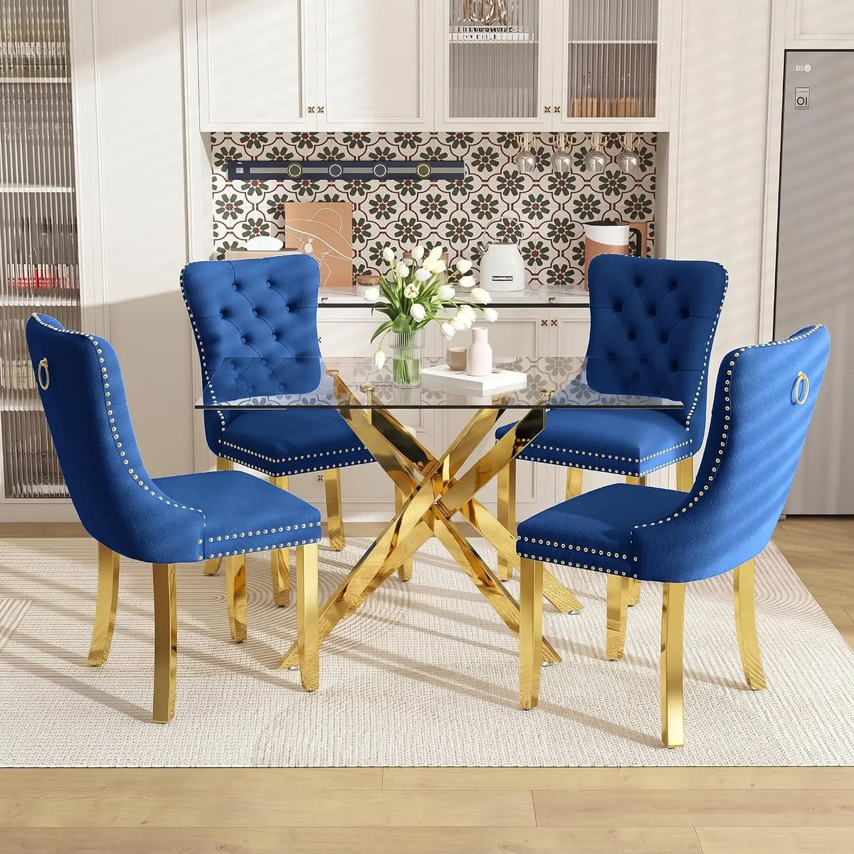 51" Glass Dining Table Set for 4, Grey | Tempered Glass Top, Silver Metal Legs, Velvet Chairs, Modern Dining Room Set, Custom