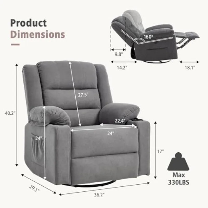 Swivel Rocker Recliner Chair for Adults with Massage and Heat, Cup Holders and Side Pockets, Glider Rocking Reclining
