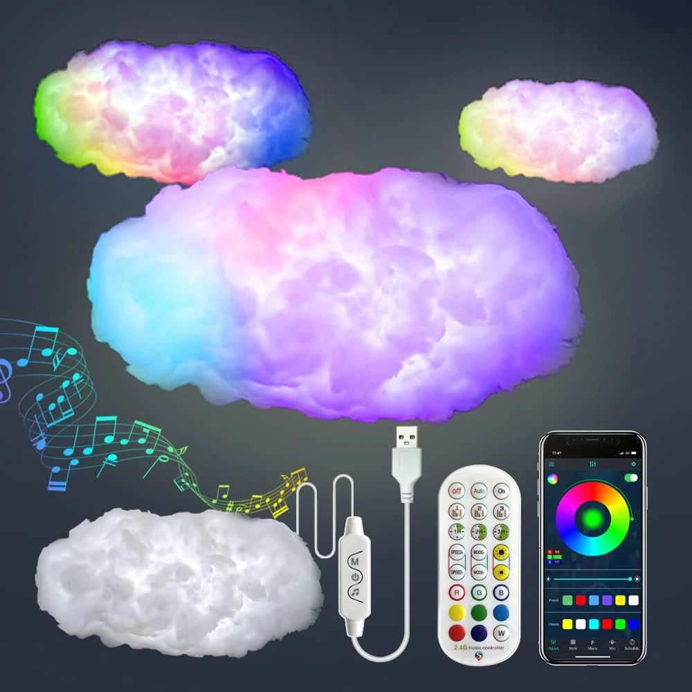 3D Thundercloud LED Light DIY Cloud Light Strip RGB+IC Chasing Music Sync 3D Cotton LED Light APP &Remote Control for Room Decor