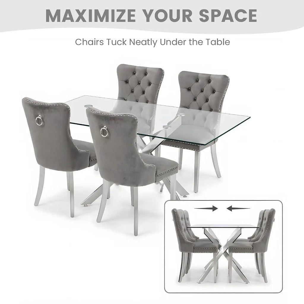 51" Glass Dining Table Set for 4, Grey | Tempered Glass Top, Silver Metal Legs, Velvet Chairs, Modern Dining Room Set, Custom