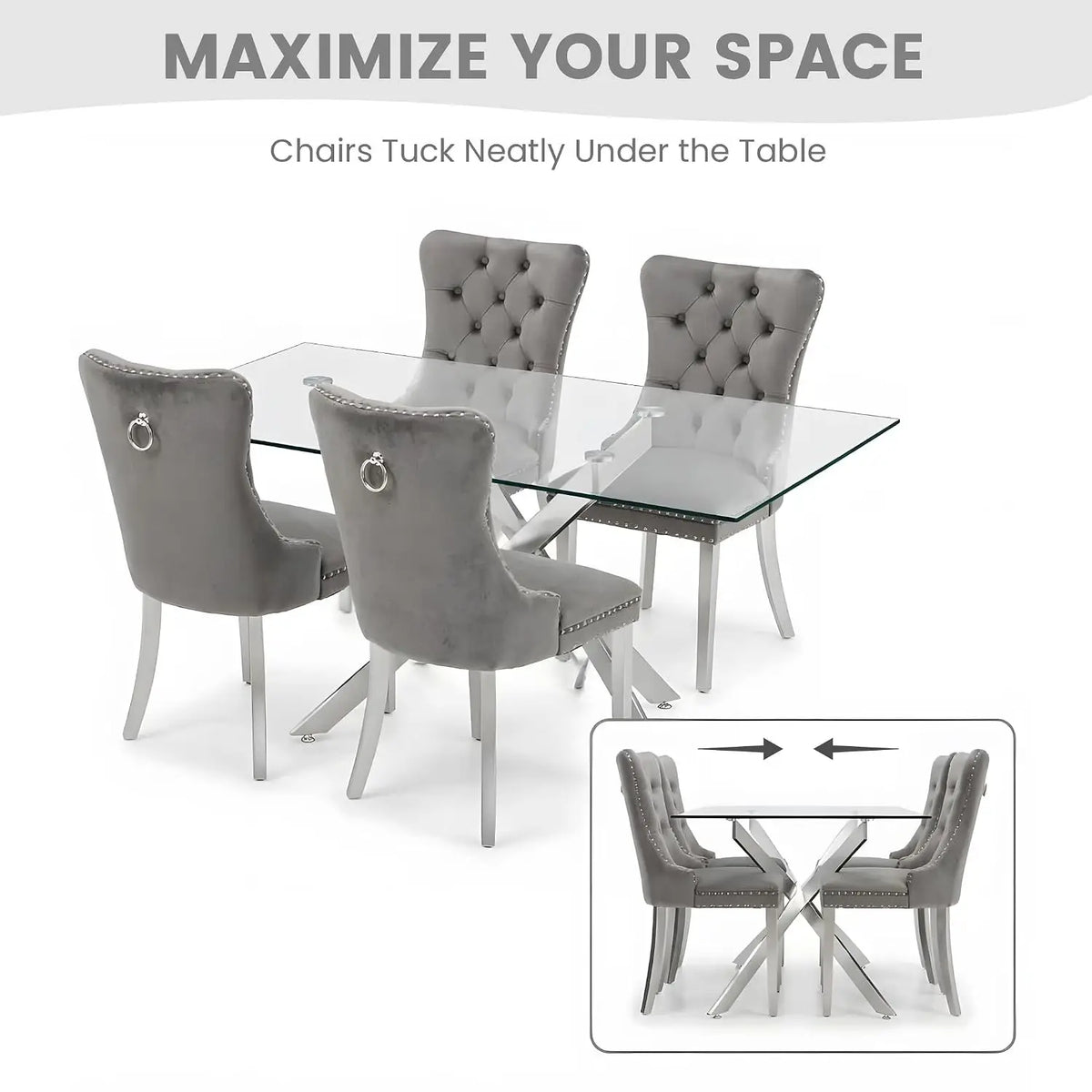 51" Glass Dining Table Set for 4, Grey | Tempered Glass Top, Silver Metal Legs, Velvet Chairs, Modern Dining Room Set, Custom