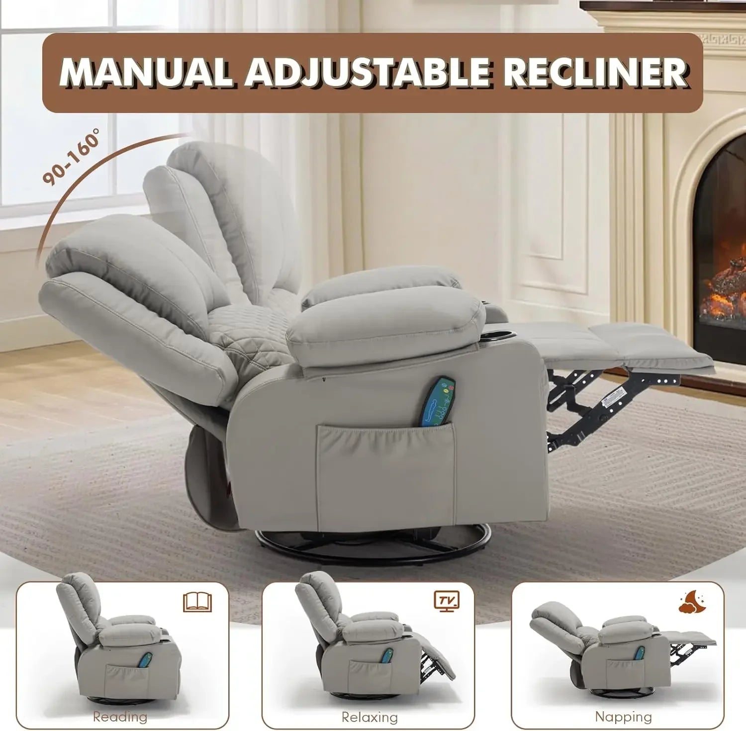 Faux Leather Recliner Chair with Heat and Massage Cup Holder, Overstuffed Swivel Rocker Recliner Chair Rocking Glider Chair, Lig