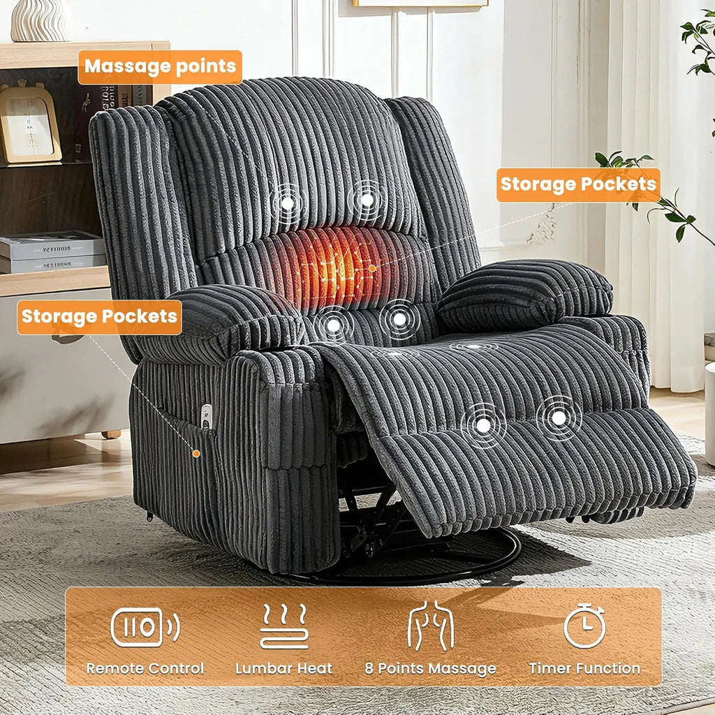 Oversized Corduroy Recliner Chair with Massage and Heat, 360° Swivel Rocker | Corduroy recliner with USB charging, cup holders a