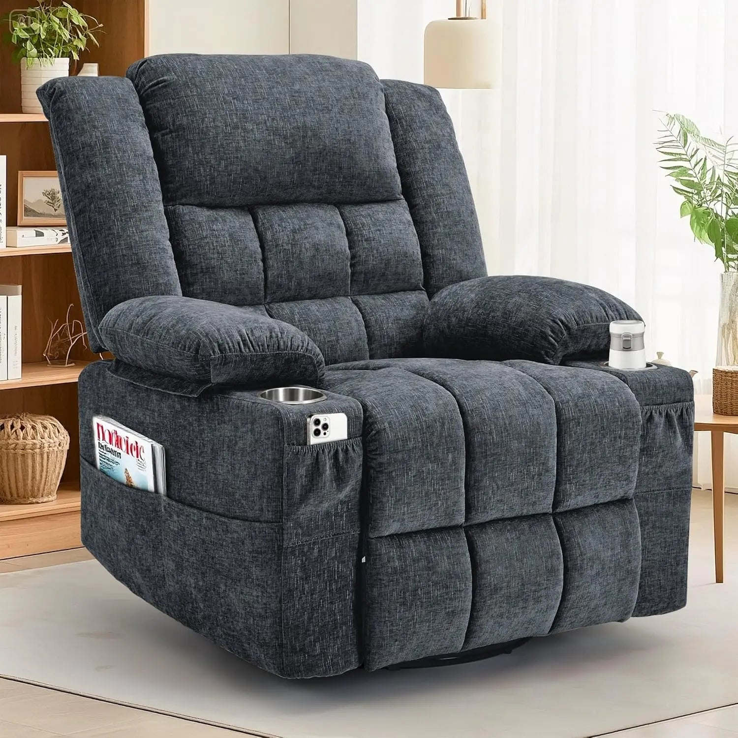 360° Swivel Rocker Recliner for Adults, Nursery Glider Recliner with Massage and Heating, Rocking Chair with Cup, Custom