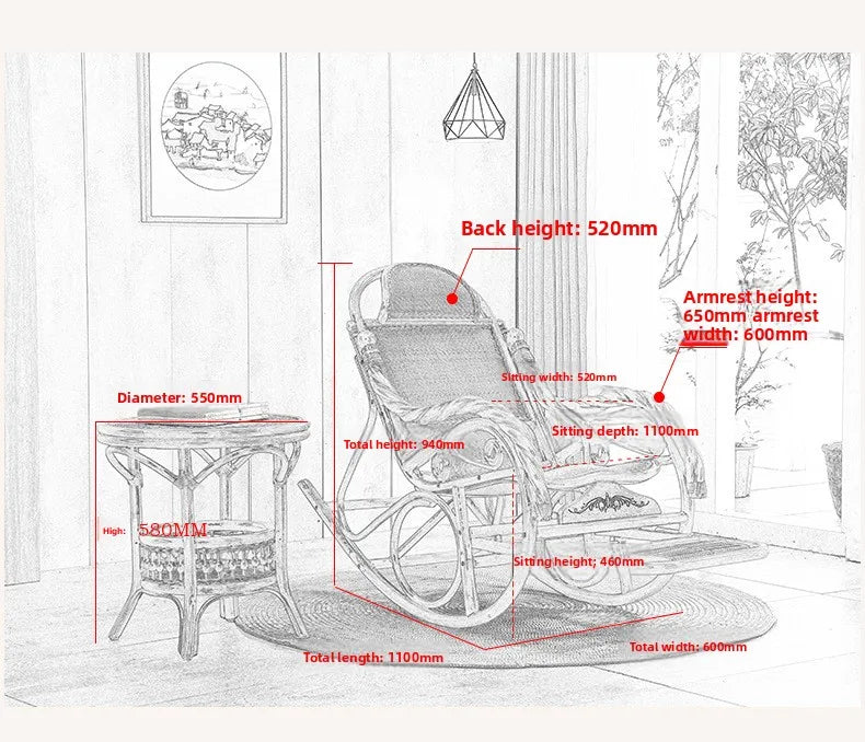 Rattan classical Chinese furniture, bamboo and rattan coffee table, casual  rocking chair