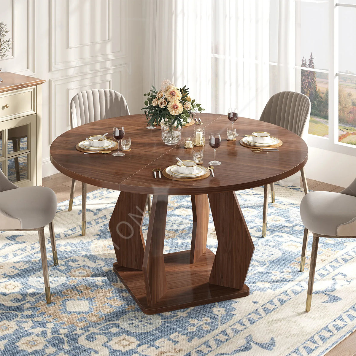 Factory Wholesale Custom Luxury Modern Taupe Wooden Dining Table Large Round Dining Room Table for Kitchen 4-6 Seater