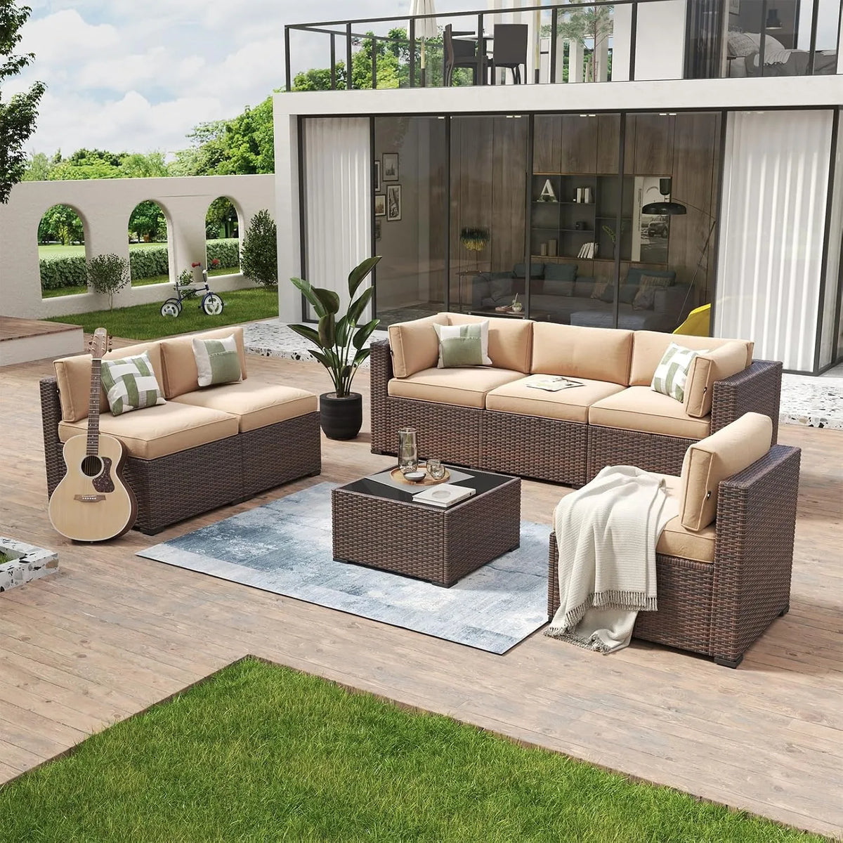 Wicker Rattan Patio Furniture Set,Conversation Sofa,for Backyard&Garden,7‑Piece, Custom
