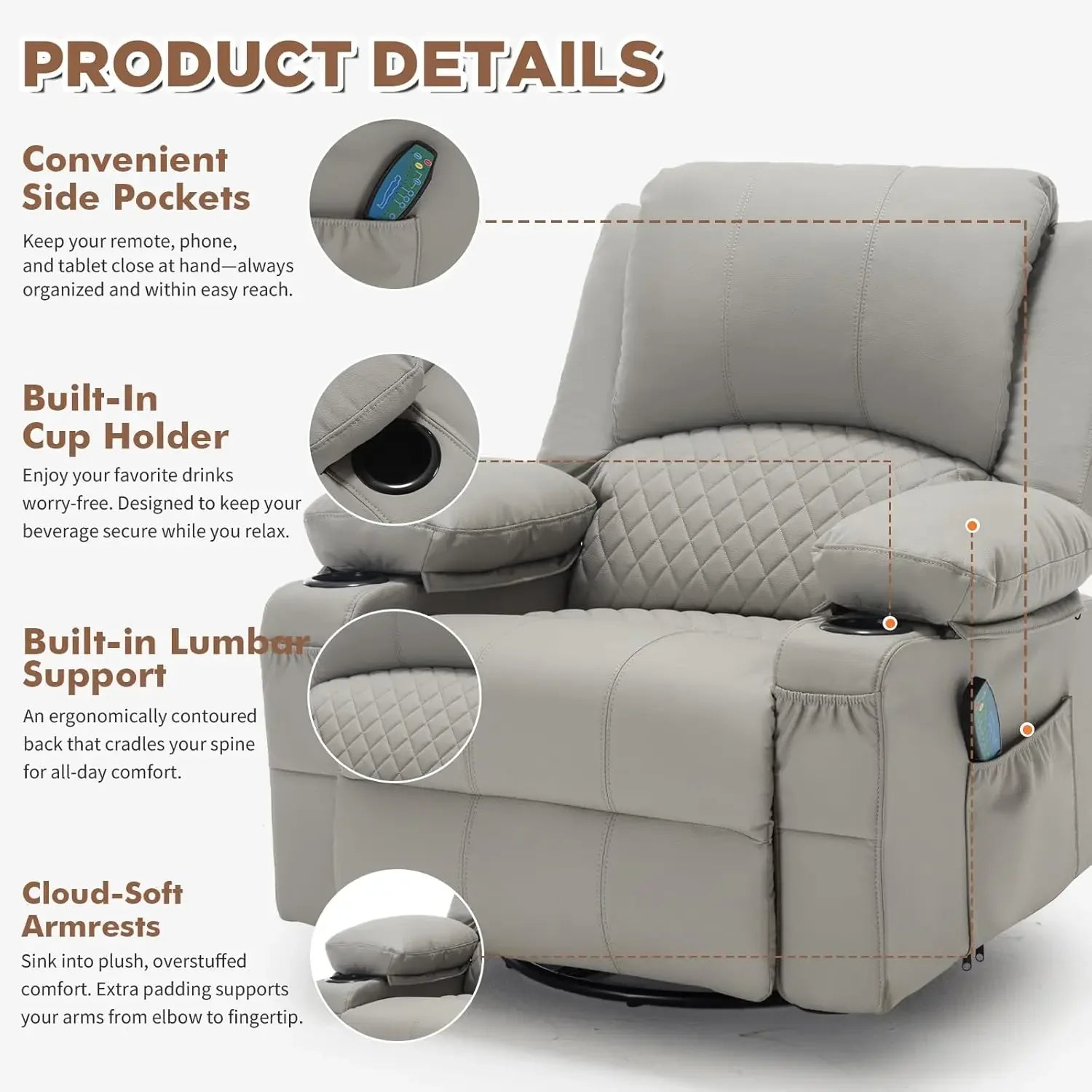 Faux Leather Recliner Chair with Heat and Massage Cup Holder, Overstuffed Swivel Rocker Recliner Chair Rocking Glider Chair, Lig