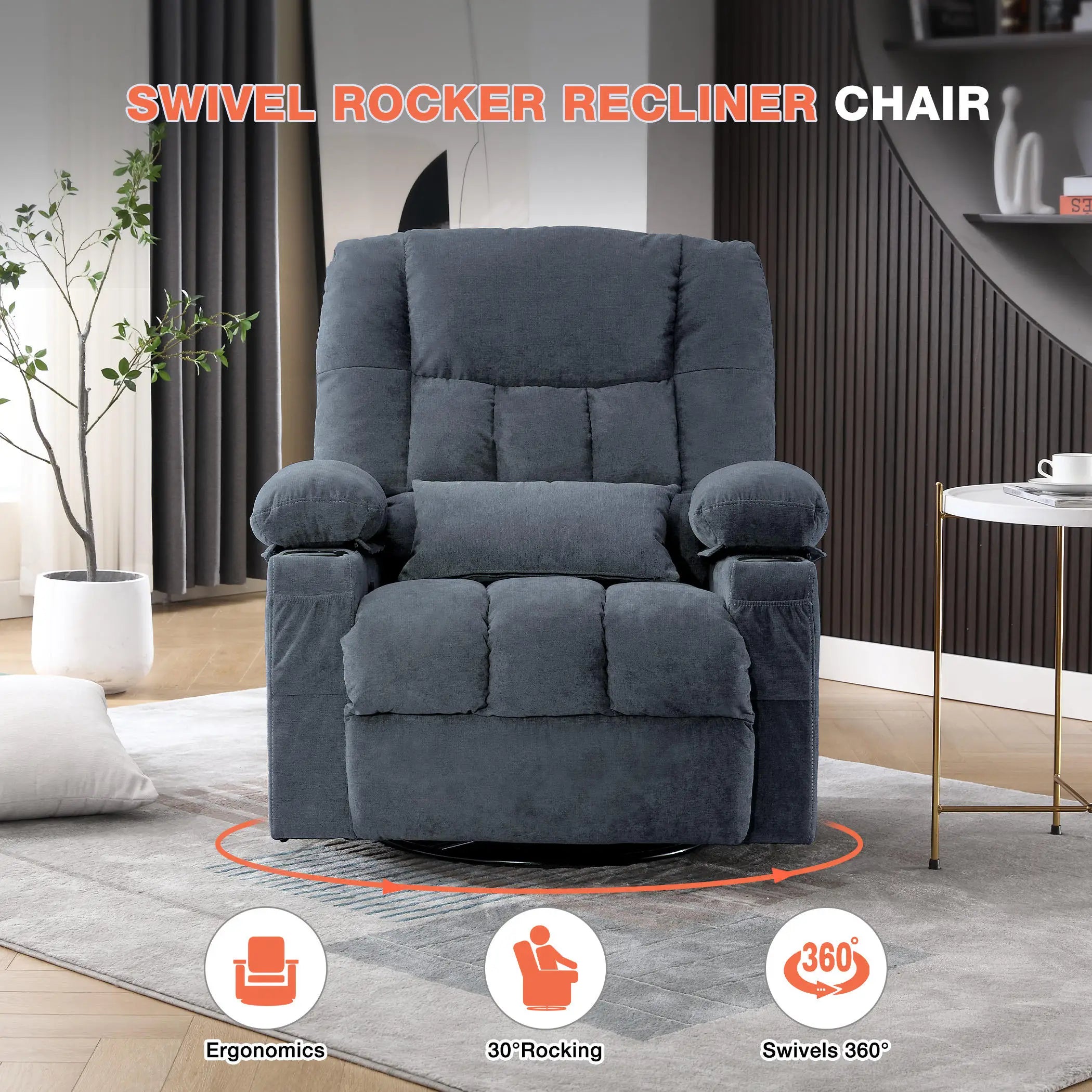 350 Pound Swivel 360° Rocking Massage Heating Recliner Sofa Chair in Anji Rocking Reclining Chair for Adults