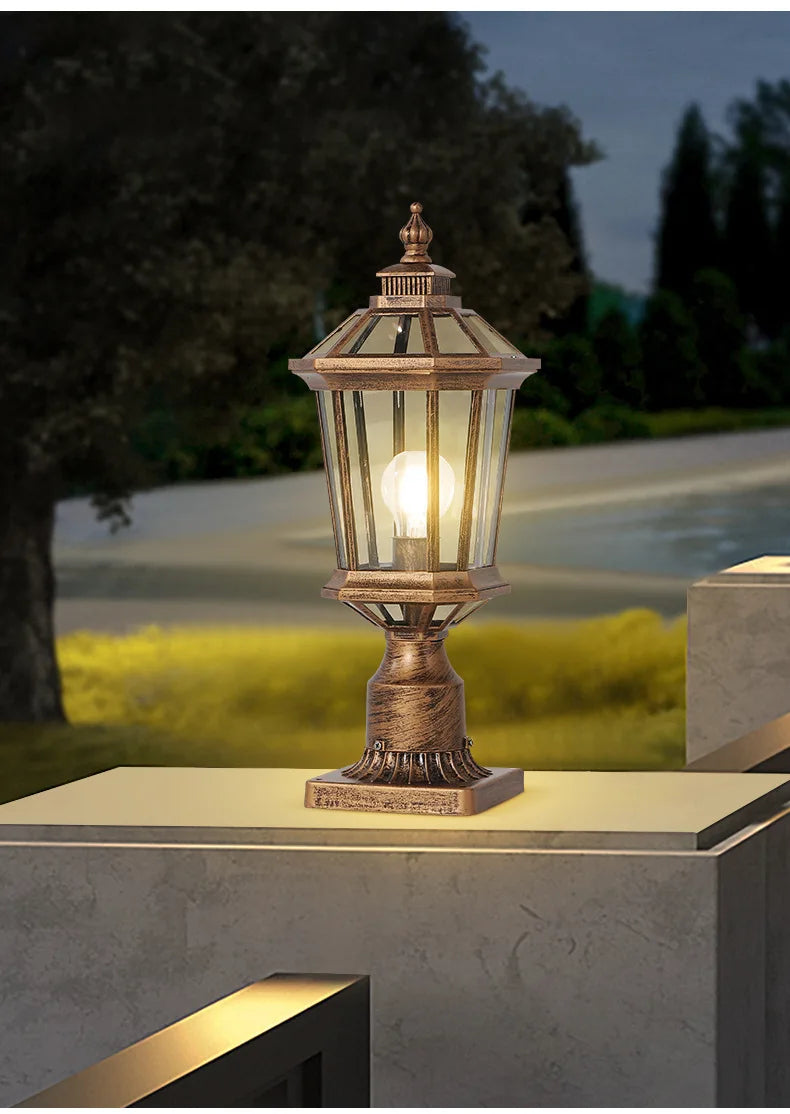 Waterproof Gold Garden Landscape Column Light Outdoor Door Post Porch Light with Glass for Villa Decor