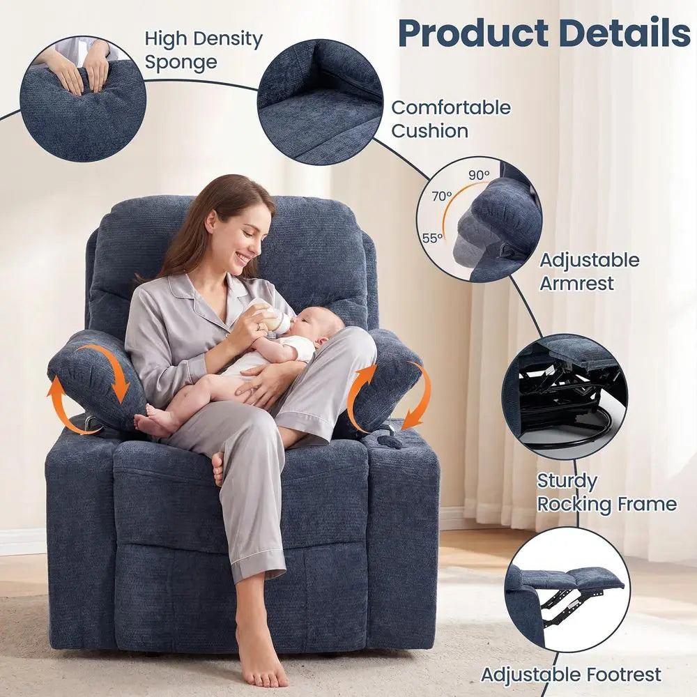 Rocking Chair Nurry with Adjustale Armrests, 360° Swivel Rocker Recliner or Moms, Manual Gilder Rocker Nursing Chair with Wide o