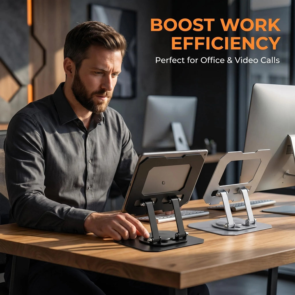 Portable Aluminum Alloy Rotatable Tablet Stand with Foldable Height Adjustment Compact for Home Office Use Durable No Wobble