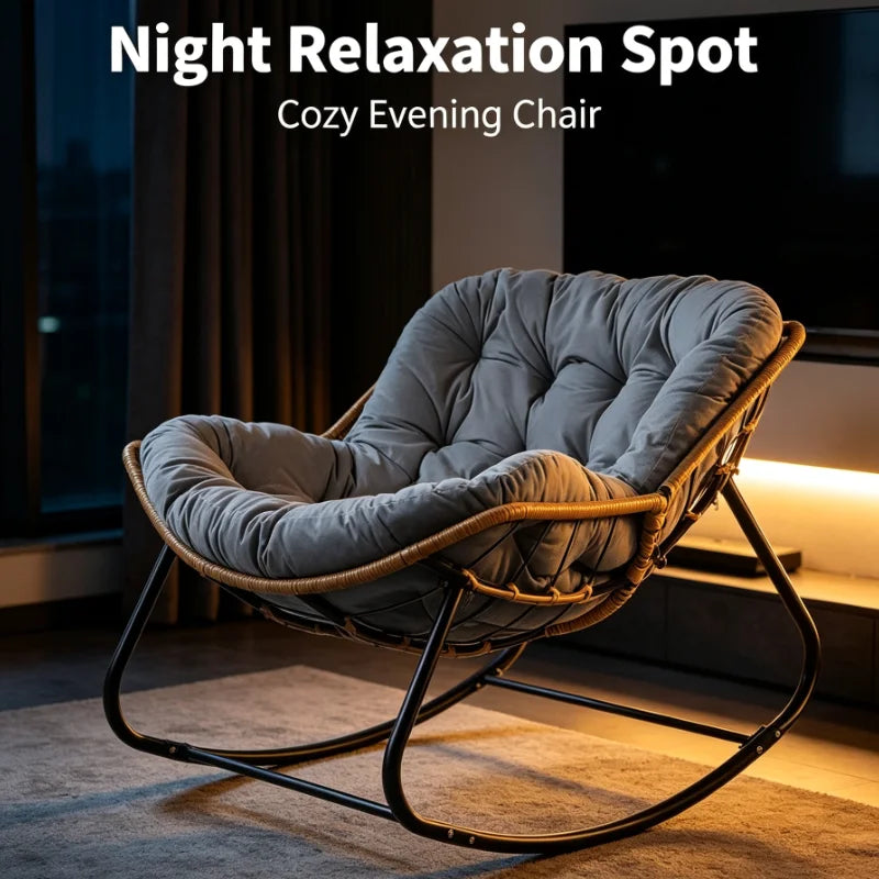 Large Rattan Rocking Chair With Thick Cushion Modern Lounge Seat For Living Room Bedroom Balcony