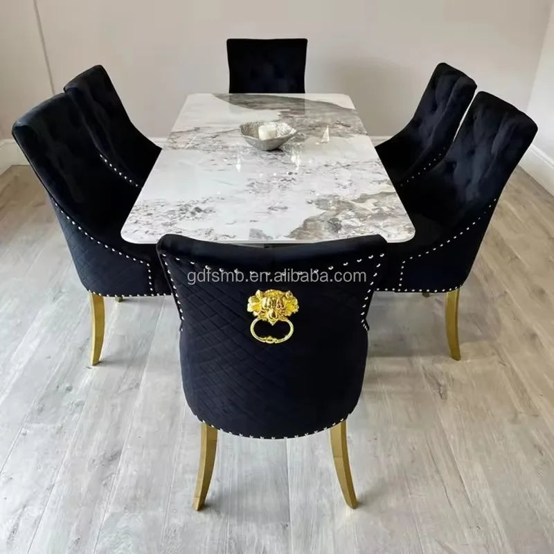 Italian Furniture Luxury Dining Table Set 4 6 8 Chairs Restaurant Dining Table and Chair Set Stainless Steel Marble Dining Table