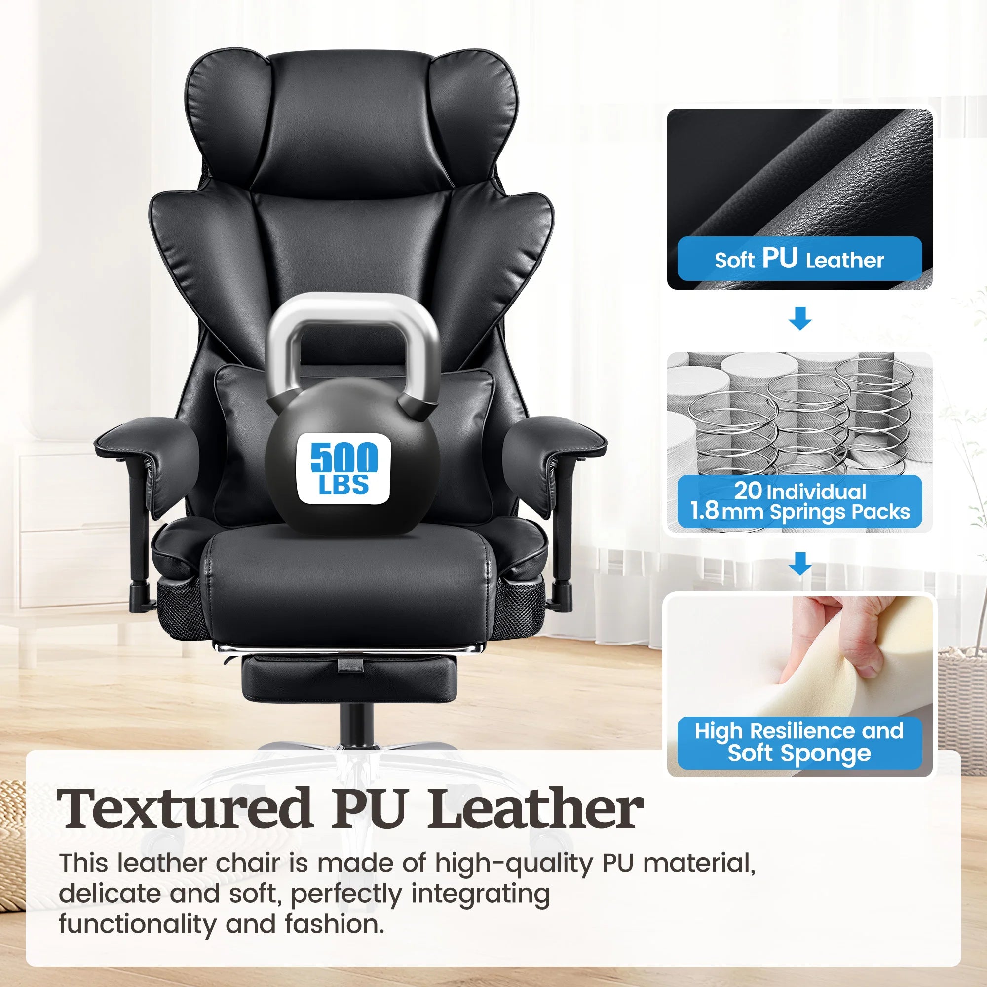 KERDOM Big and Tall Gaming Chair 500lbs Wide Seat and Footrest, Ergonomic Chair with Pocket Spring Cushion and Armrest, Metal Base & Quiet Rubber Wheels, Leather Office Chair with Adjustment Headrest and Lumbar Support for Lo