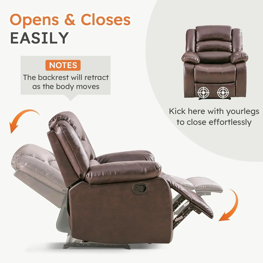Extra Wide PU Leather Recliner Chair, Manual Reclining Sofa with Overstuffed Arm & Back, Single Seat for Living Room Bedroom, Cu