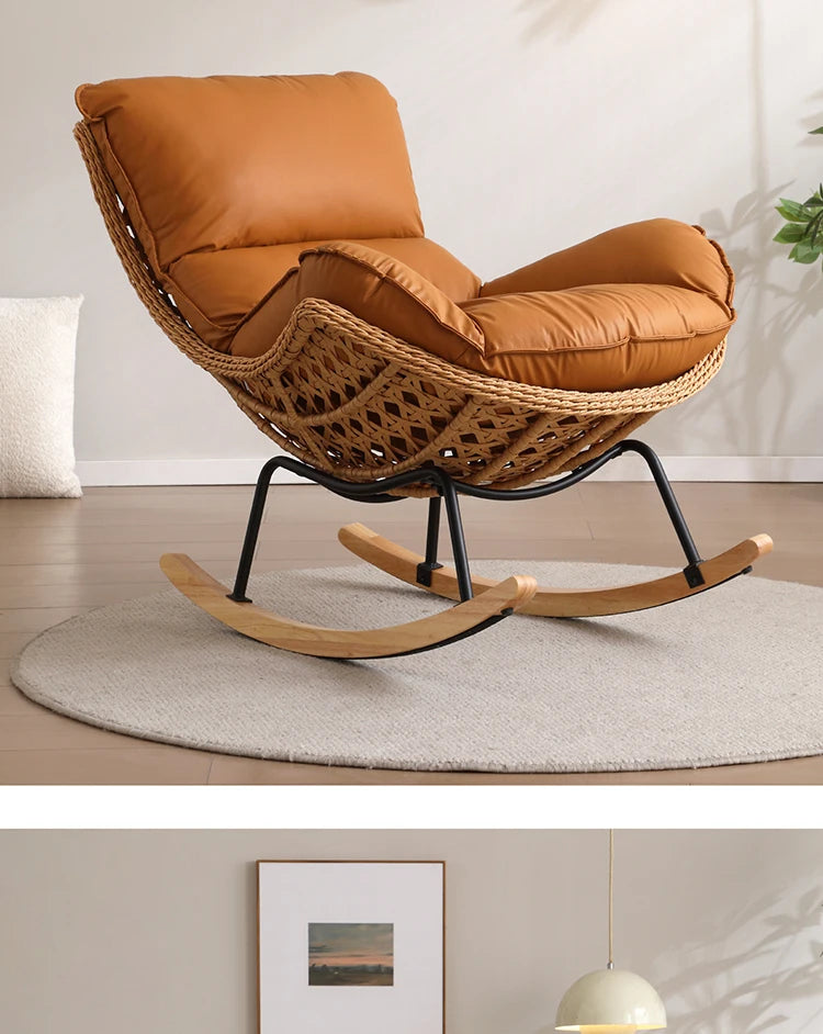 Rattan Rocking Chair for Sleeping Single Recliner Lounge Chair for Living Room Patio Outdoor Relaxing Seat Natural Wicker Rocker