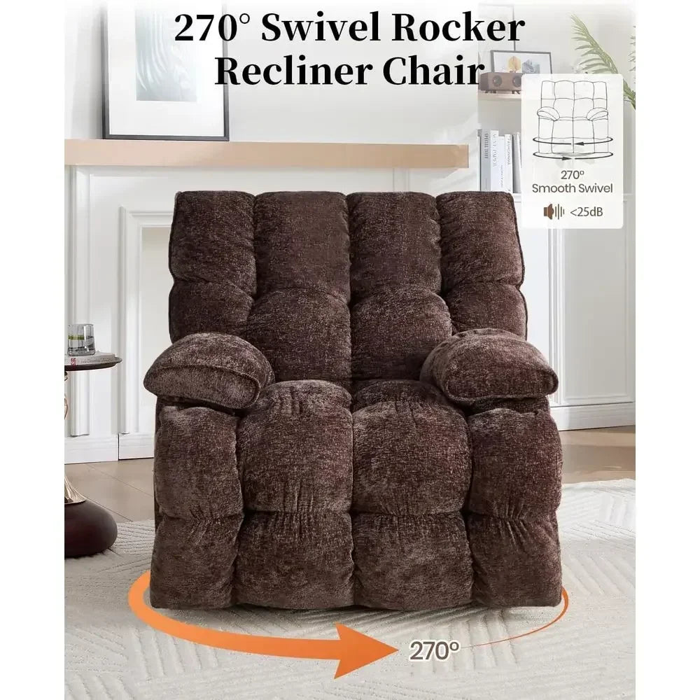 Extra Wide Power Recliner with Swivel, Rocker, and USB Ports, Ideal for Living Room or Nursery, Supports Up to 375lbs, Brown