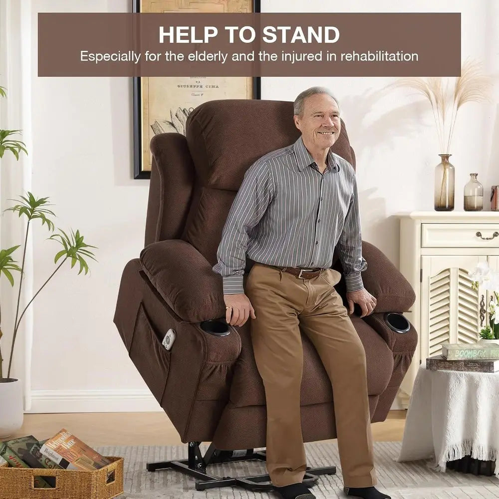 Power Lit Recliner Chair or Elderly with Vibration Massage and Lumbar Heating Electric Oversized Single Soa with Cup Holder and