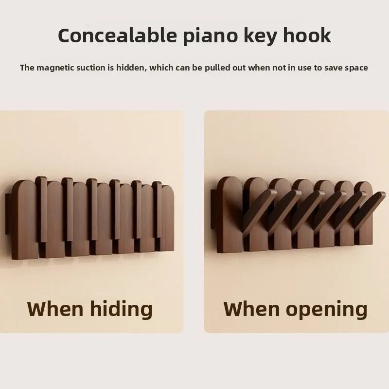 Piano Key Hanging Rack - Wall-Mounted Wooden Hook with Multiple Compartments for Clothes, Hats, Bags, Entryway Organizer