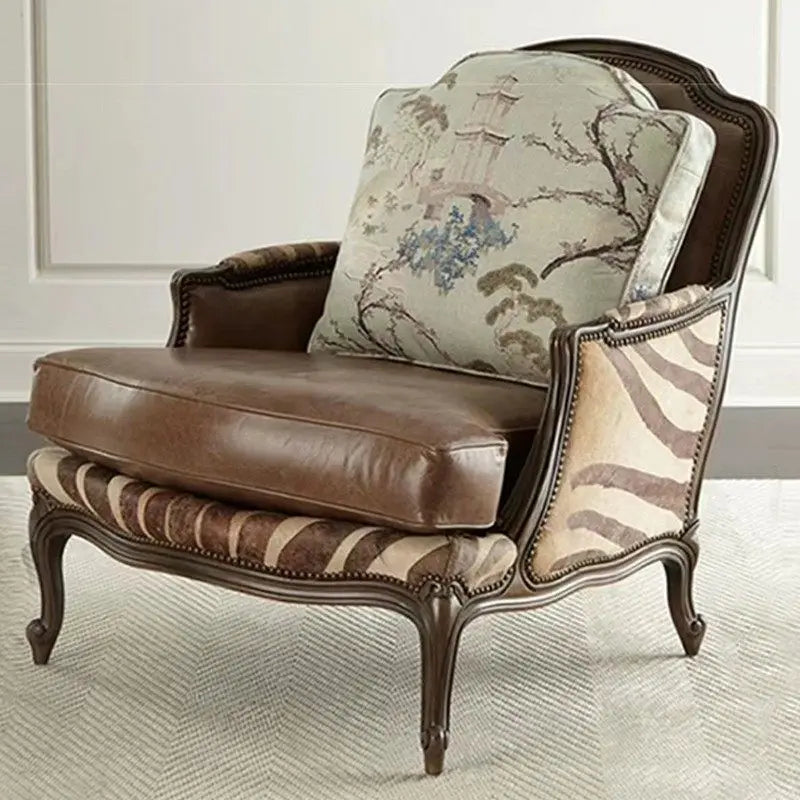 #American single sofa chair, solid wood top layer cowhide microfiber lounge chair, vintage carved negotiation chair, large apart