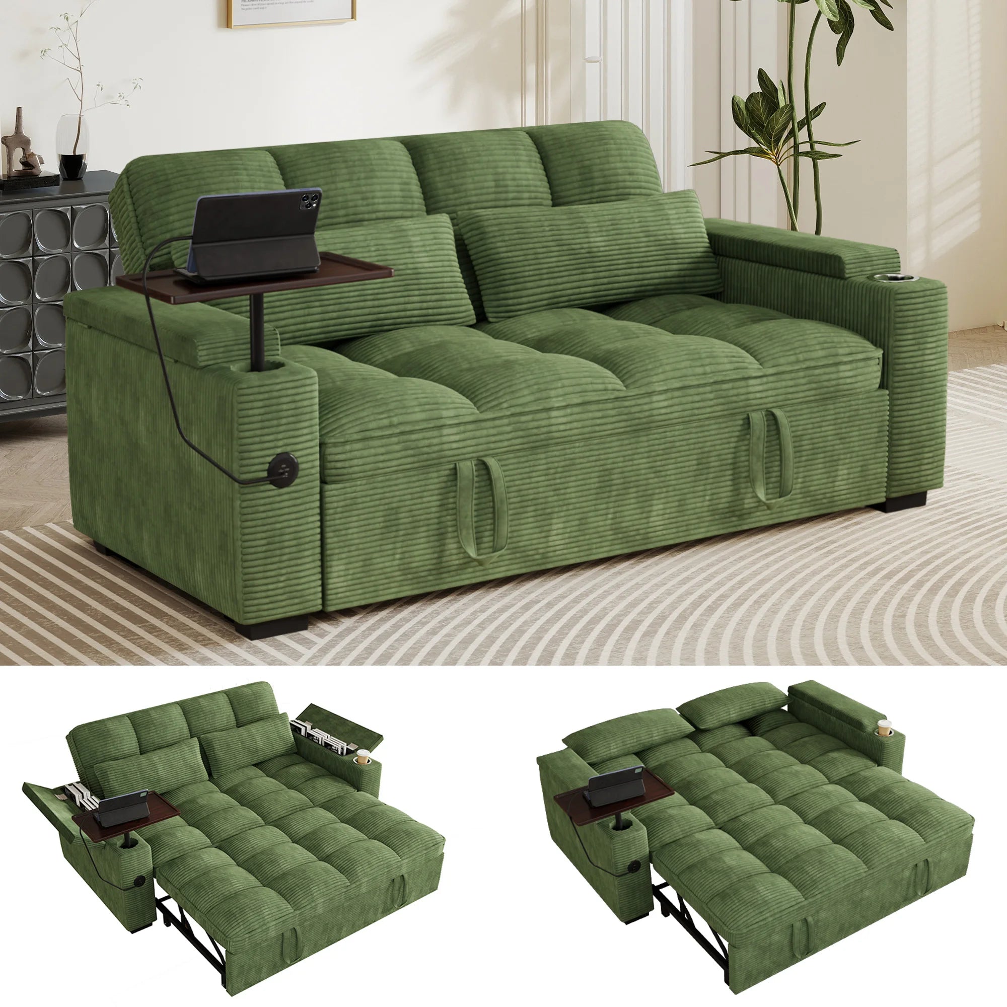 65" 3-in-1 Folding Convertible Sofa Bed with 360° Swivel Side Table, Pull Out Couch USB Charging, Modern Corduroy Chenille, Black