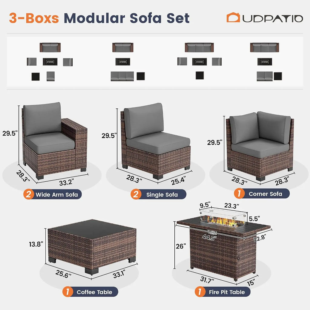 Outdoor Wicker Sectional Sofa Set with Fire Pit Table, 7-Piece All-Weather Patio Furniture with 8 Inch Armrest for Garden Backya