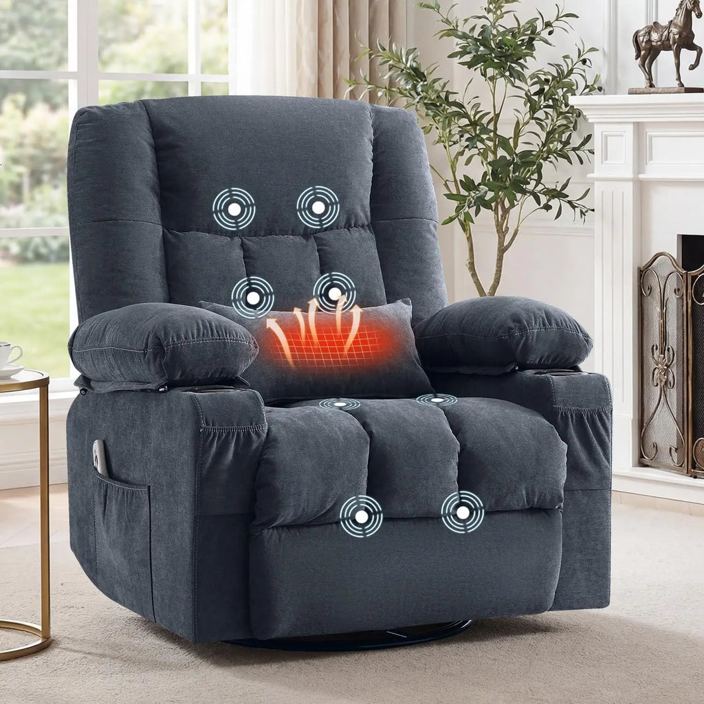 Recliner Chair with Vibration Massage and Lumbar Heat for Living Room, Oversized Ergonomic Swivel Rocking Chair, Featuring Side