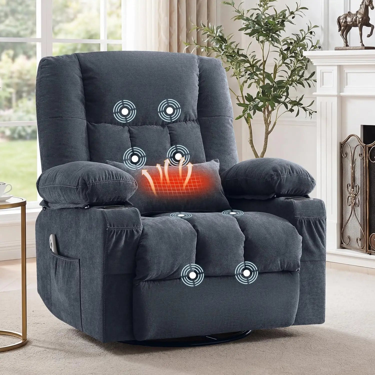 Recliner Chair with Vibration Massage and Lumbar Heat for Living Room, Oversized Ergonomic Swivel Rocking Chair, Featuring Side