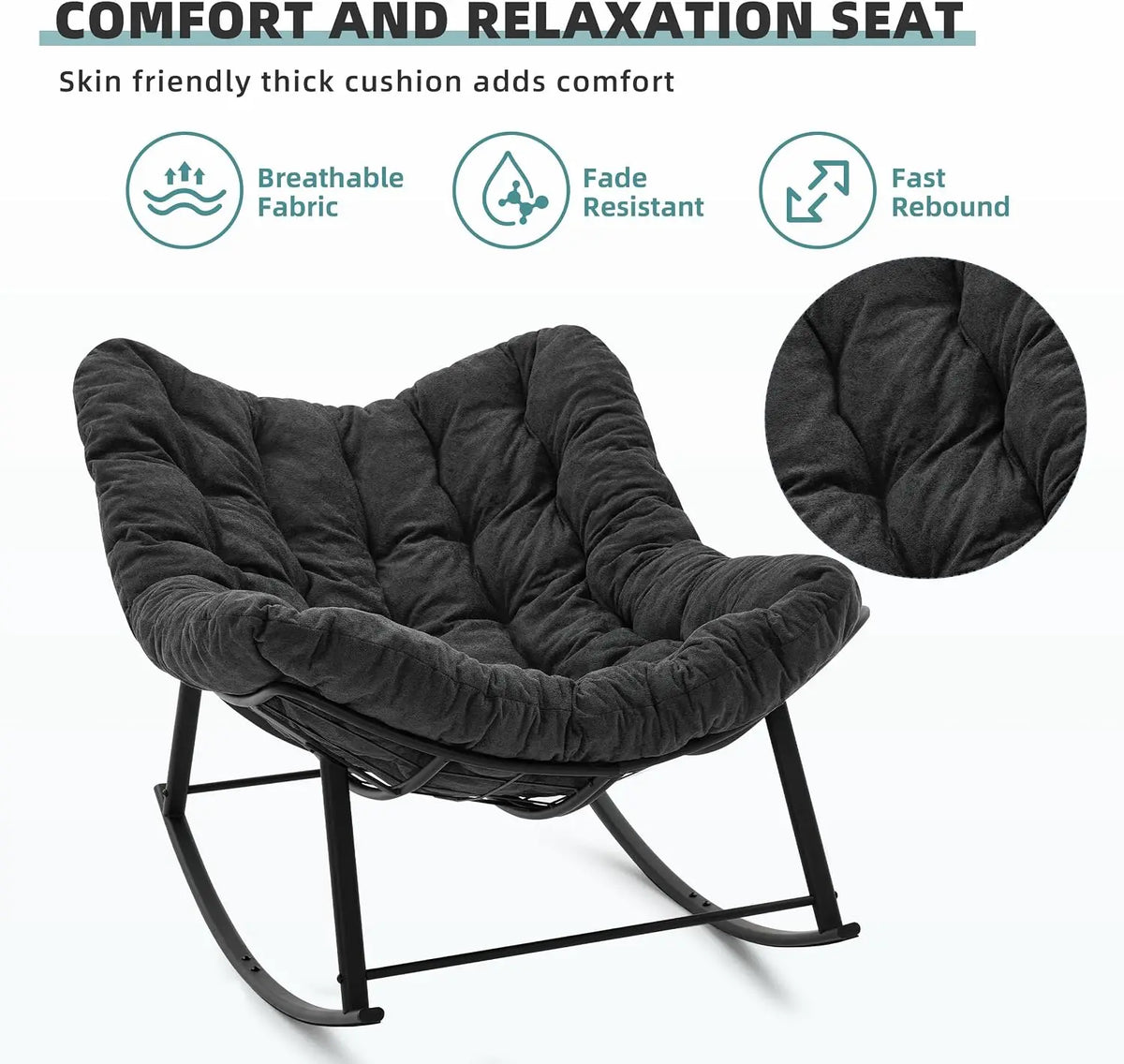 Oversized Rocking Chair Indoor, Papasan Rocking Chair Outdoor, Lounge Chair with Cushion, Patio Egg Rocker Chairs, Comfy