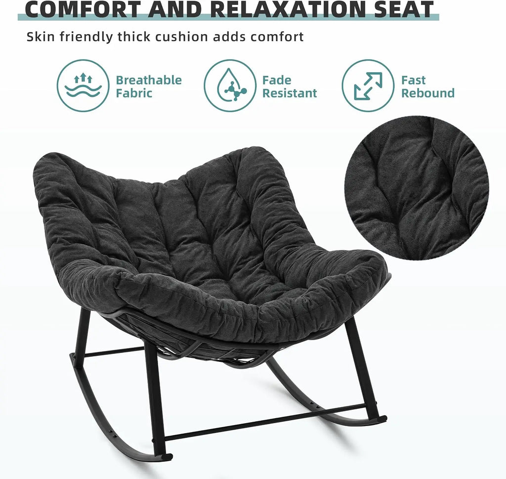 Oversized Rocking Chair Indoor, Papasan Rocking Chair Outdoor, Lounge Chair with Cushion, Patio Egg Rocker Chairs, Comfy