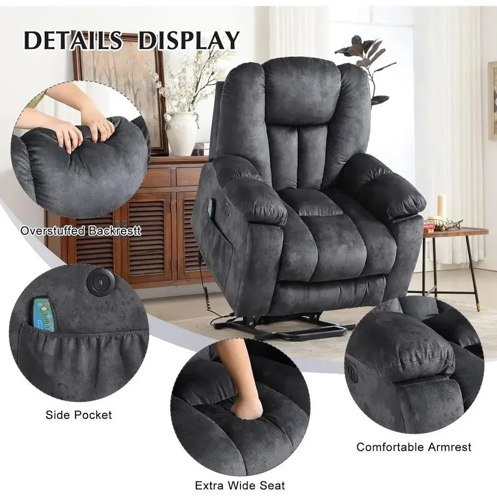 Oversized Recliner with Massage, Heat, USB Port, and Safety Mechanism for Elderly, Gray