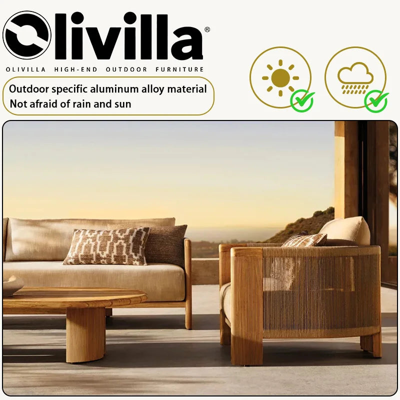 Outdoor Teak Sofa Patio Villa Resort Hotel Rope-woven Furniture Garden Balcony Leisure High-end Sunscreen Wooden Sofa Couch Set
