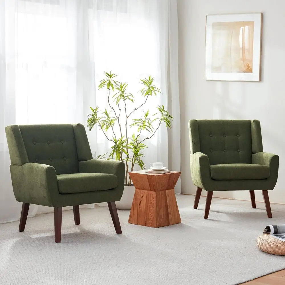Living Room Accent Chair Set o 2, Upholstered Button Tuted Armchair with Wooden Legs, abric Soa Chairs or Bedroom, Living Room,