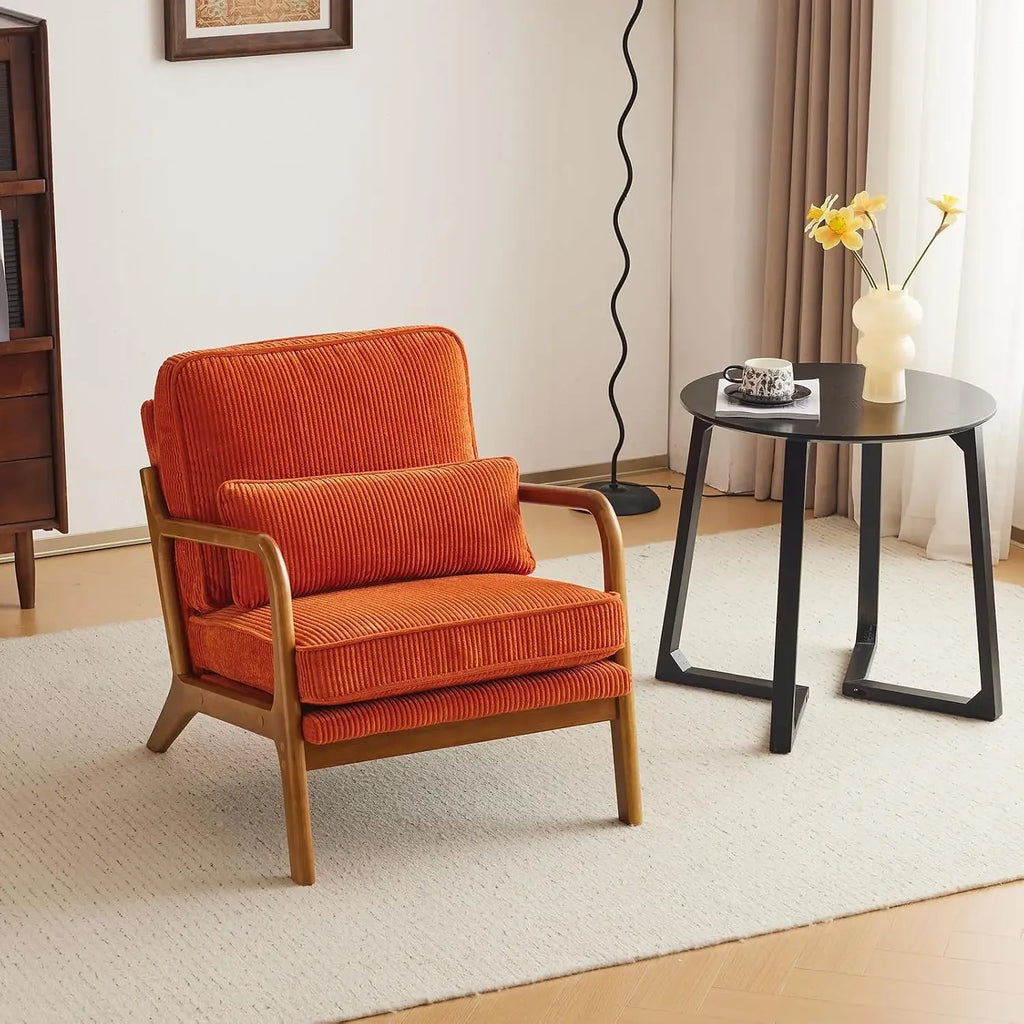 Mid-Century Modern Accent Reading Chair, Orange | Corduroy Upholstered, Solid Wood Frame, Soft Cushion, Lumbar Pillow, Lounge Ar