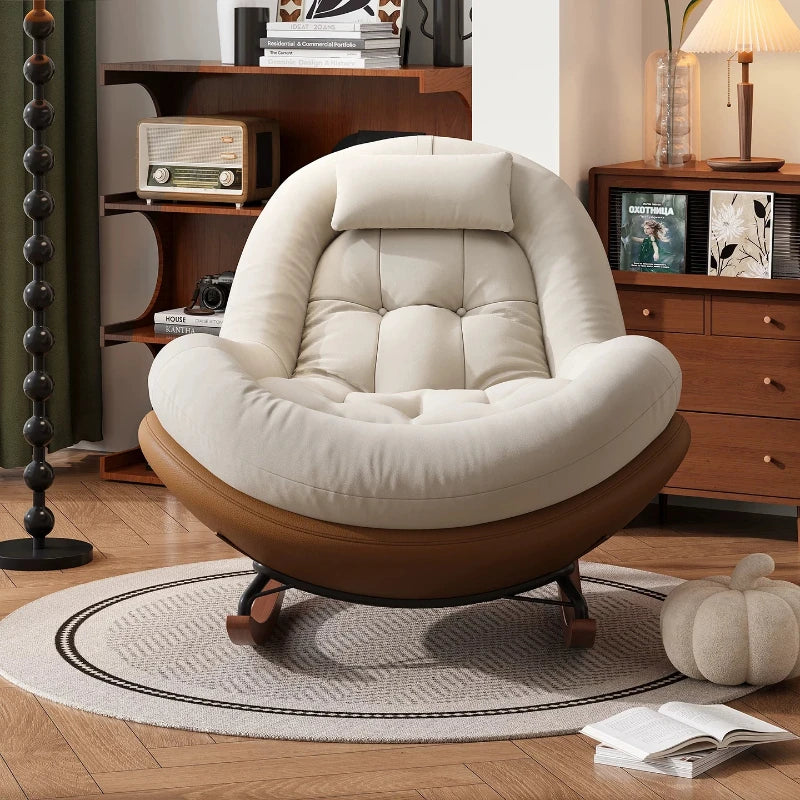 Cozy Button Tufted Rocking Leisure Chair, Curved Wrap-around Chenille Padded Single Recliner Sofa Chair With Wooden Rocking