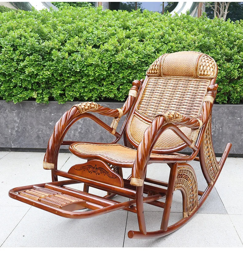 Balcony elderly rattan chair household large medium new Chinese real rattan recliner