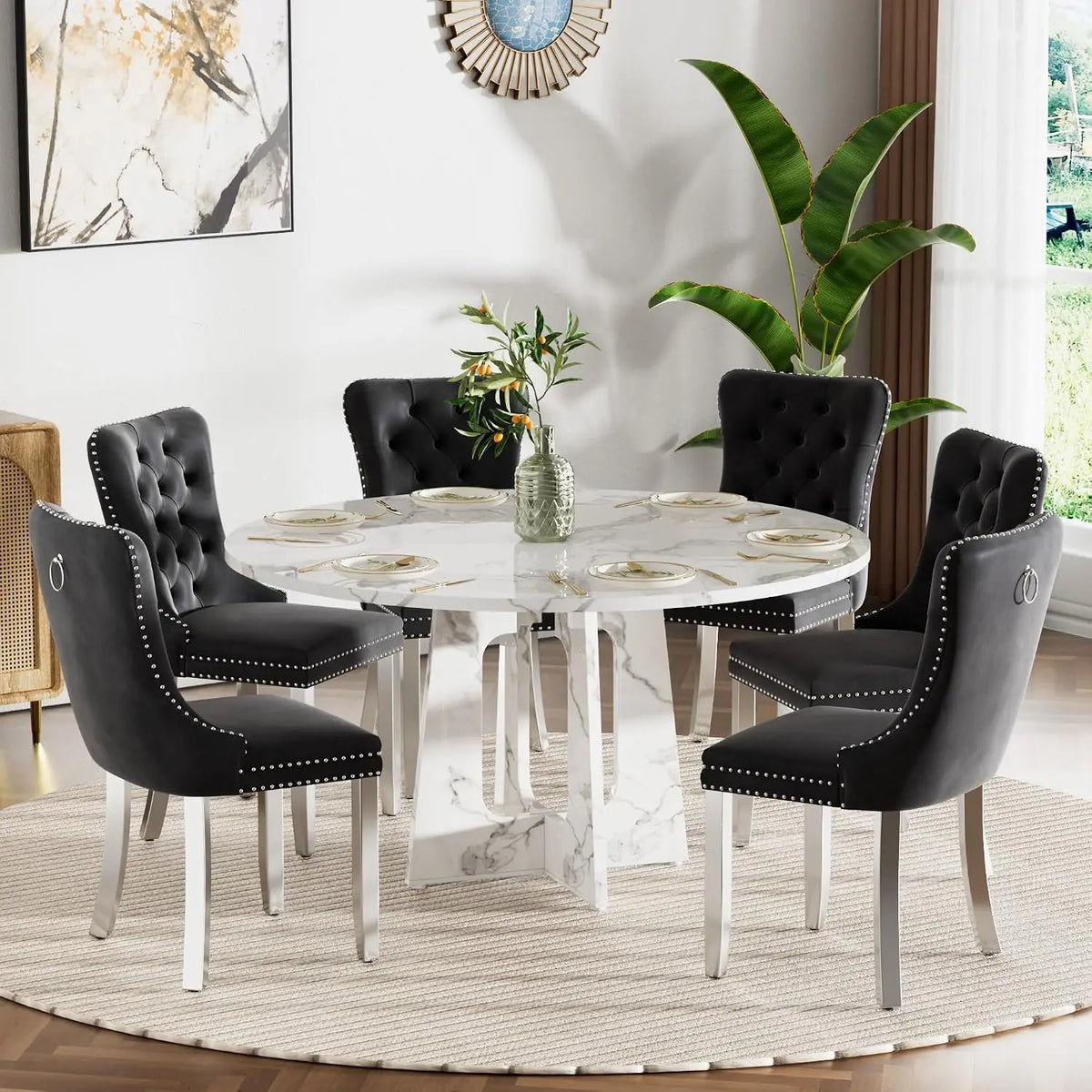 47" Round Farmhouse Dining Table Set, White Faux Marble with 4 Blue Velvet Chairs, Wooden Kitchen & Dining Furniture, Customized