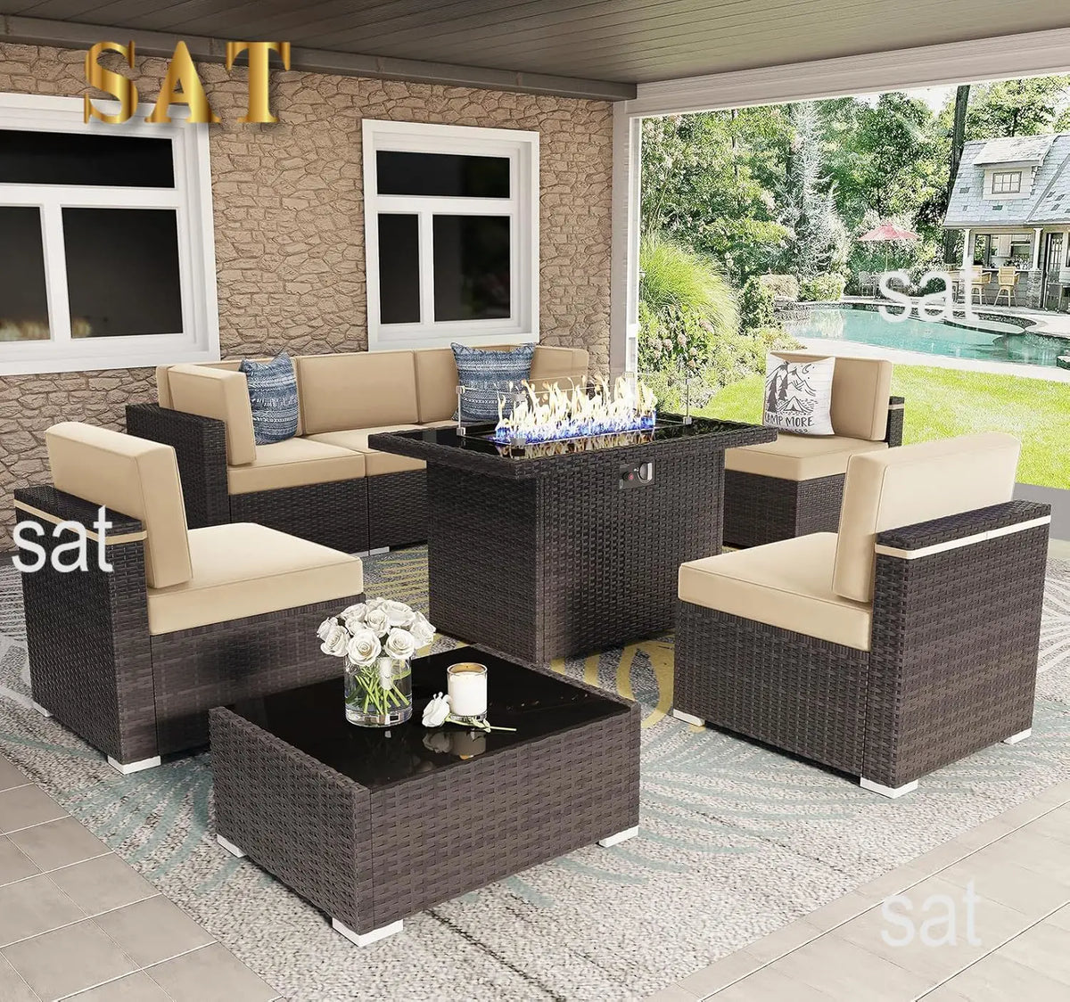 u*-8 Pieces Patio Furniture Set With 44" Propane Gas Fire Pit Table, Outdoor Sectional Brown Rattan Wicker, Customized