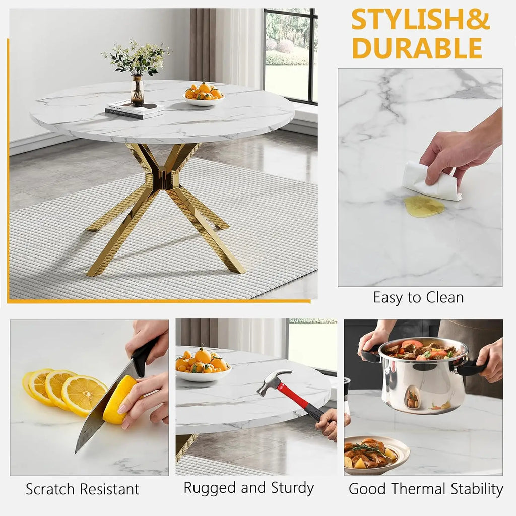 4-Seat Round Dining Table Set, 47" White Faux Marble Table with 4 Beige Velvet Tufted Chairs, Gold Stainless Steel, Customized