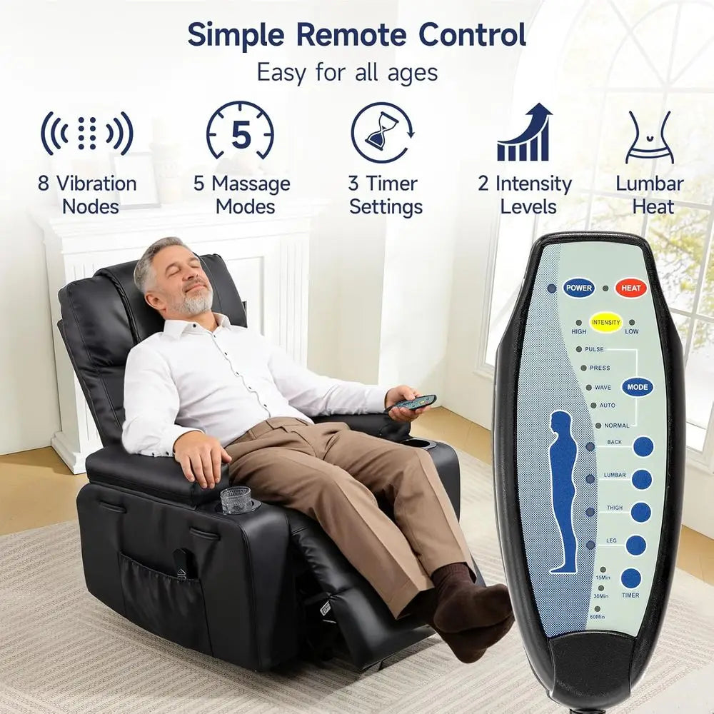 Power Lit Recliner Chair or Elderly with Massage & Heat, PU Leather Electric Recliner with USB Charge Port, 160° Adjustable Recl