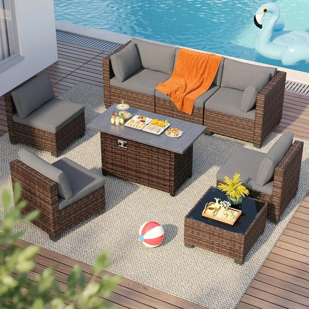 Qsun 8 Pieces Outdoor Patio Furniture Set with 44.9" Fire Pit Table, All-Weather Wicker Outdoor Patio Sectional Set with Coffee