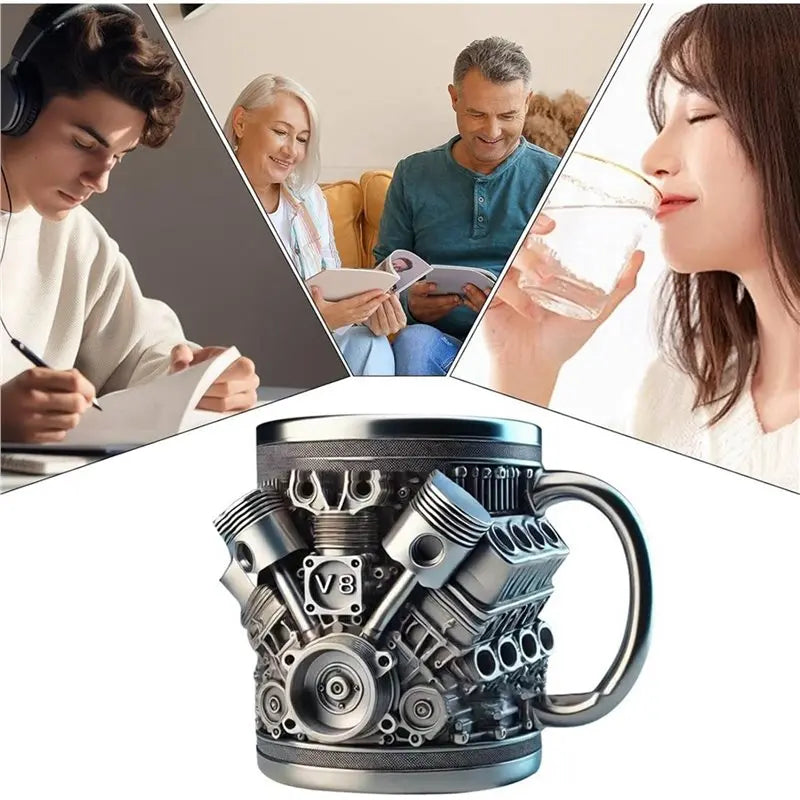AT29-V8 Engines Stainless Steel Coffee Mug Car Engine Coffee Cup With Insulated Handle For Car Lovers Gift