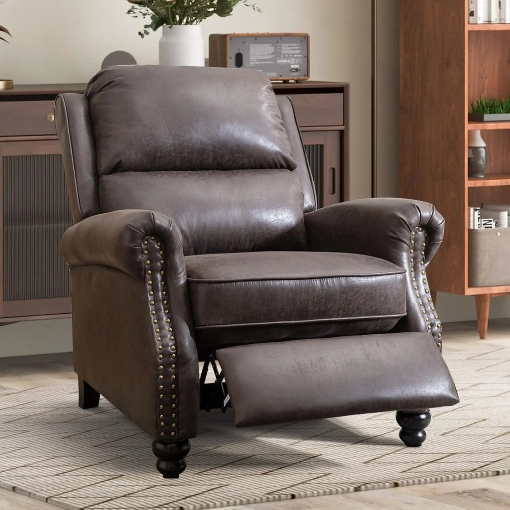 Pushback Recliner Chair Faux Leather Armchair with Rivet Decoration Single Sofa for Living Room Dark Grey