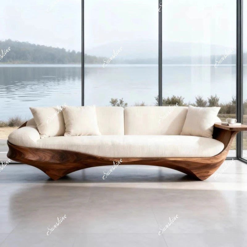 Solid wood, straight row sofa living room light luxury high-end arc design